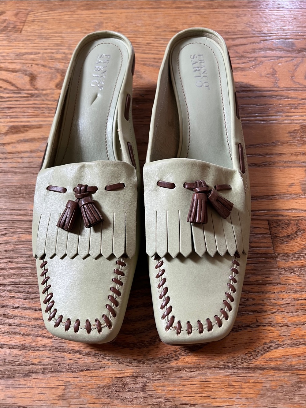 Franco Sarto pistachio Green Slip-On Tassel Mules with Brown Accents size 11